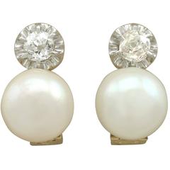 Cultured Pearl and 0.36 Carat Diamond, 15 Karat Yellow Gold Drop Earrings