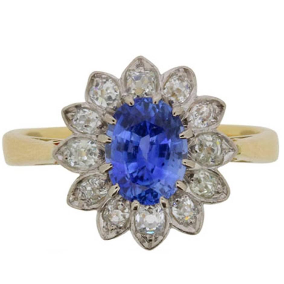 Vintage Sapphire and Diamond Flower Cluster Ring, circa 1940s