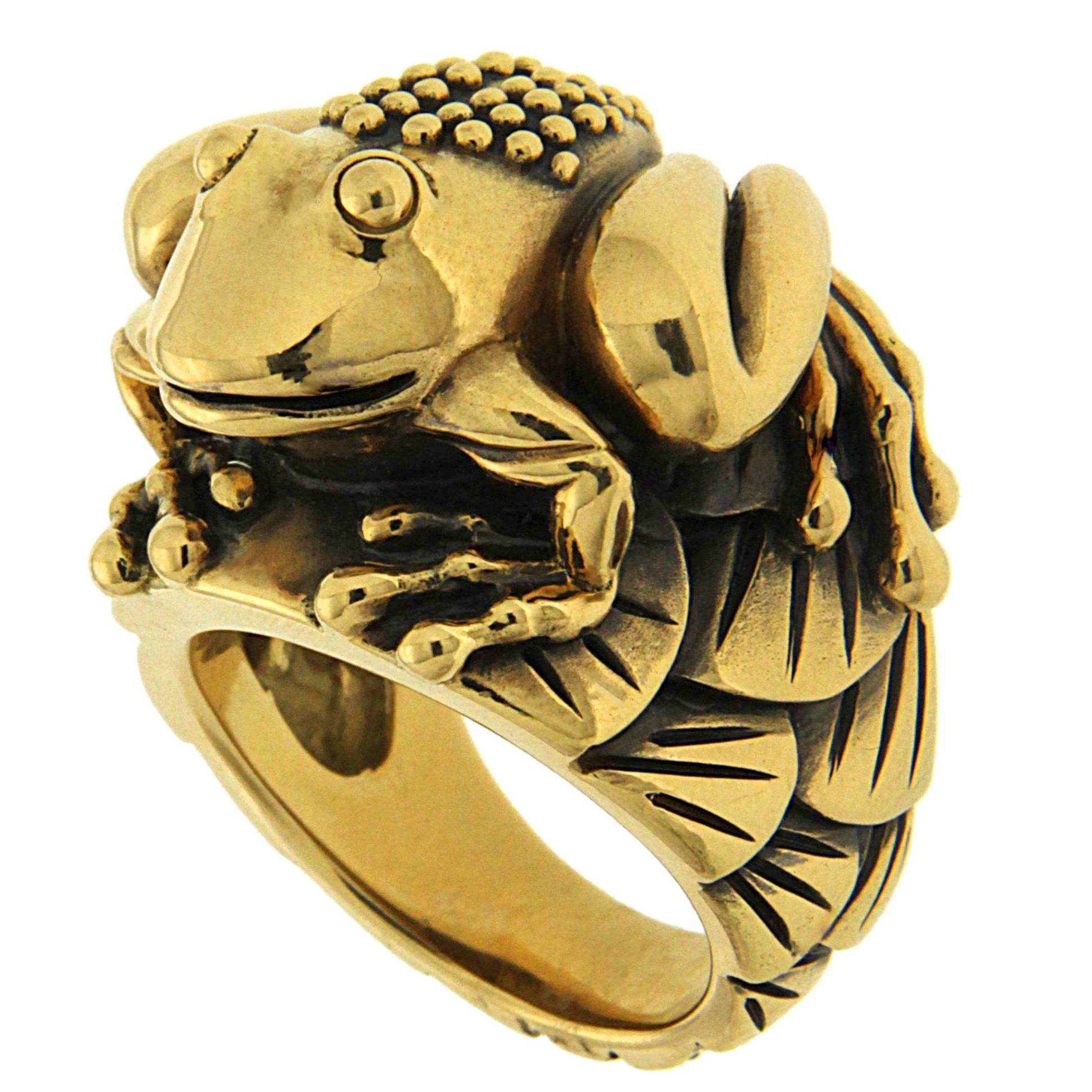 Yellow Gold Frog on Lily Pads Ring 