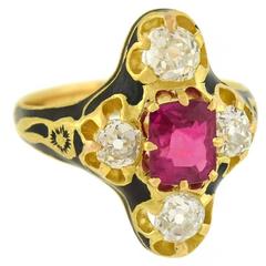 Victorian Natural Burma Ruby Diamond Enameled Gold Ring 2