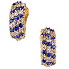Three-Row Sapphire Diamond Gold Lever Back Hoop Earrings