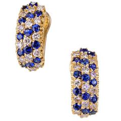 Three-Row Sapphire Diamond Gold Hoop Earrings