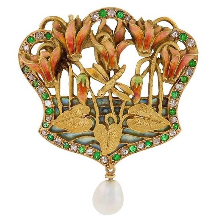 French Art Nouveau Diamond Emerald Gold and Enamel Pendant Brooch