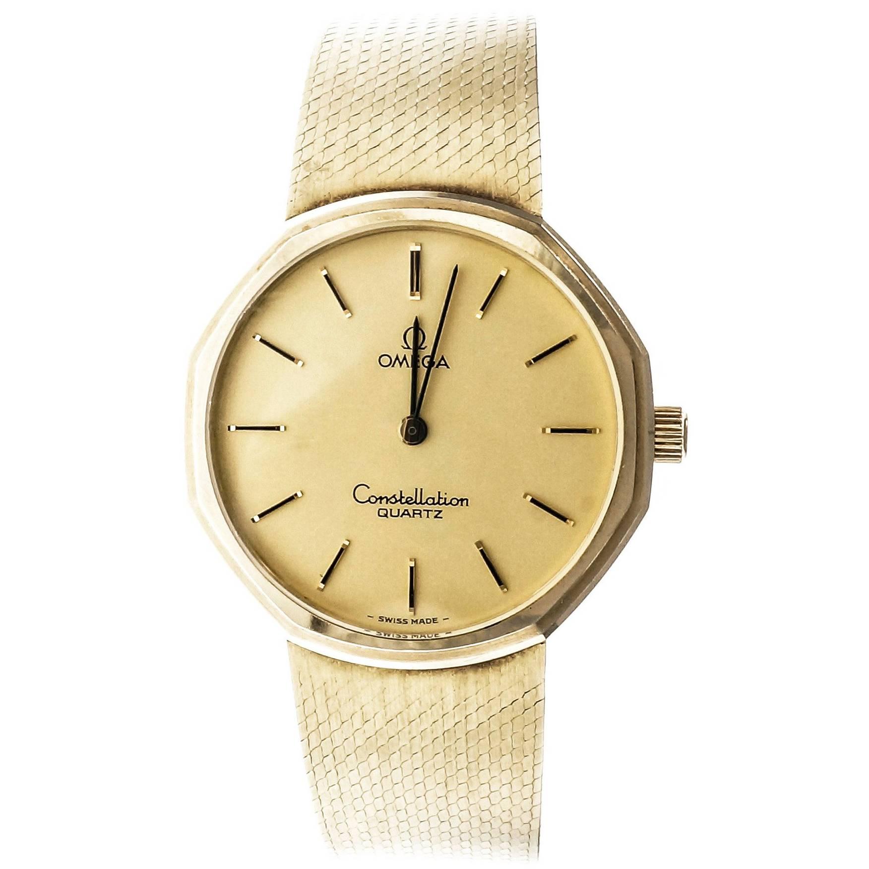 Omega Yellow Gold Constellation Mesh Band Quartz Wristwatch For Sale