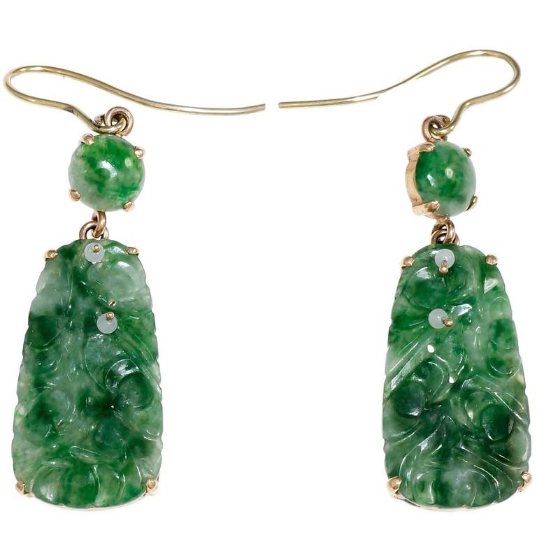 GIA Certified Jadeite Jade Carved Dangle Earrings For Sale at 1stdibs