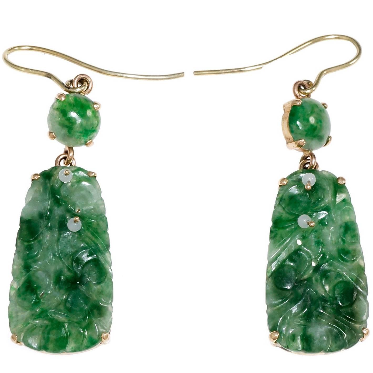 GIA Certified Jadeite Jade Carved Dangle Earrings