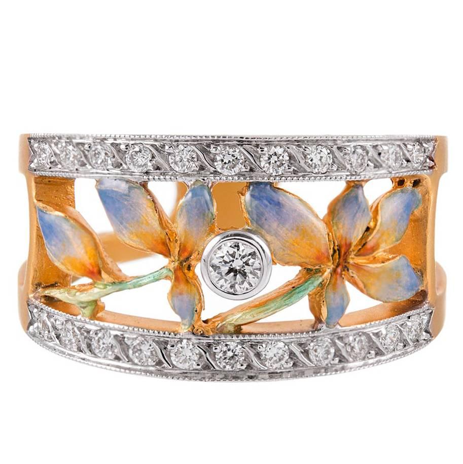 Masriera Plique a Jour Enamel Diamond Gold Ring