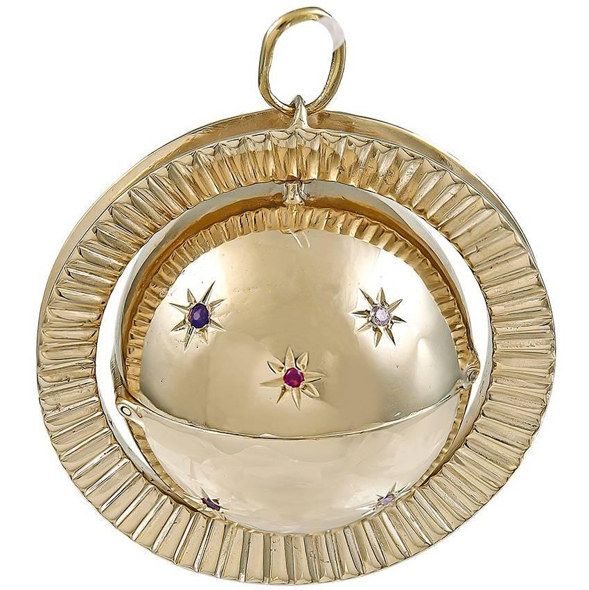 Gigantic Gold Gemset Globe Locket Pendant For Sale