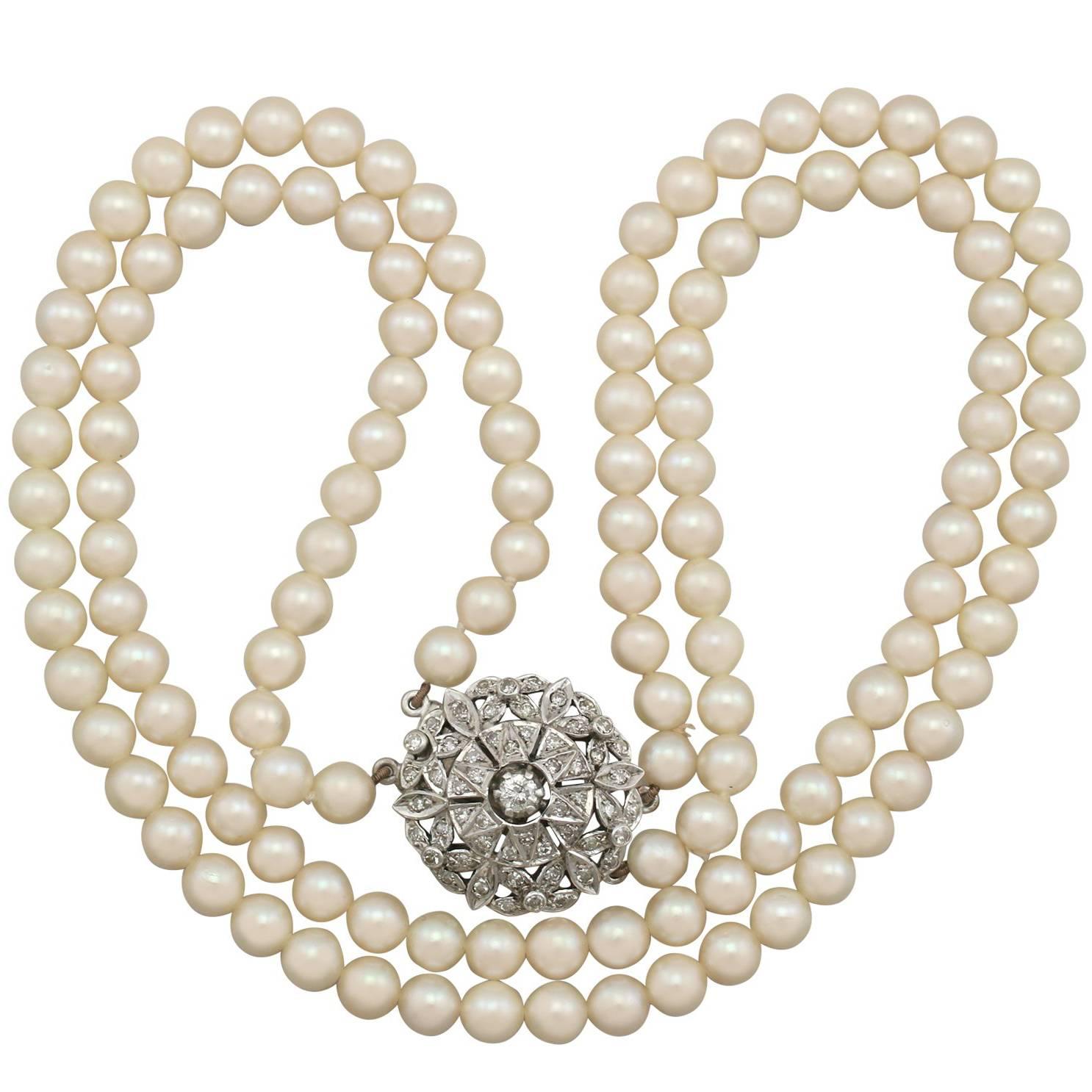1970s Double Strand Pearl Necklace with 1.05 Carat Diamond White Gold Clasp