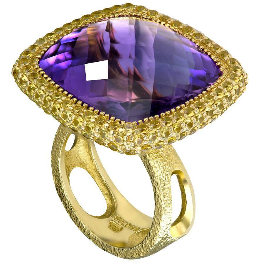 Alex Soldier Amethyst Sapphire Yellow Gold Ring One of a Kind Handmade