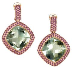Garnet Green Amethyst Rose Gold Drop Earrings One of a Kind Handmade in NYC 4