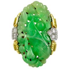 1970s Jade Diamond Gold Cocktail Ring 11