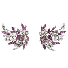 1940s Tabbah Ruby Diamond Platinum Earrings