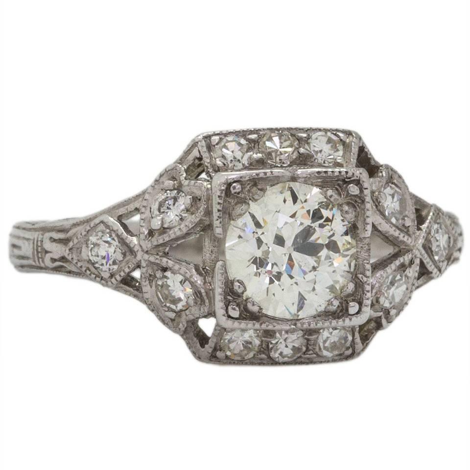0.75 Carat Old European Cut Diamond Platinum Engagement Ring, circa 1930s For Sale