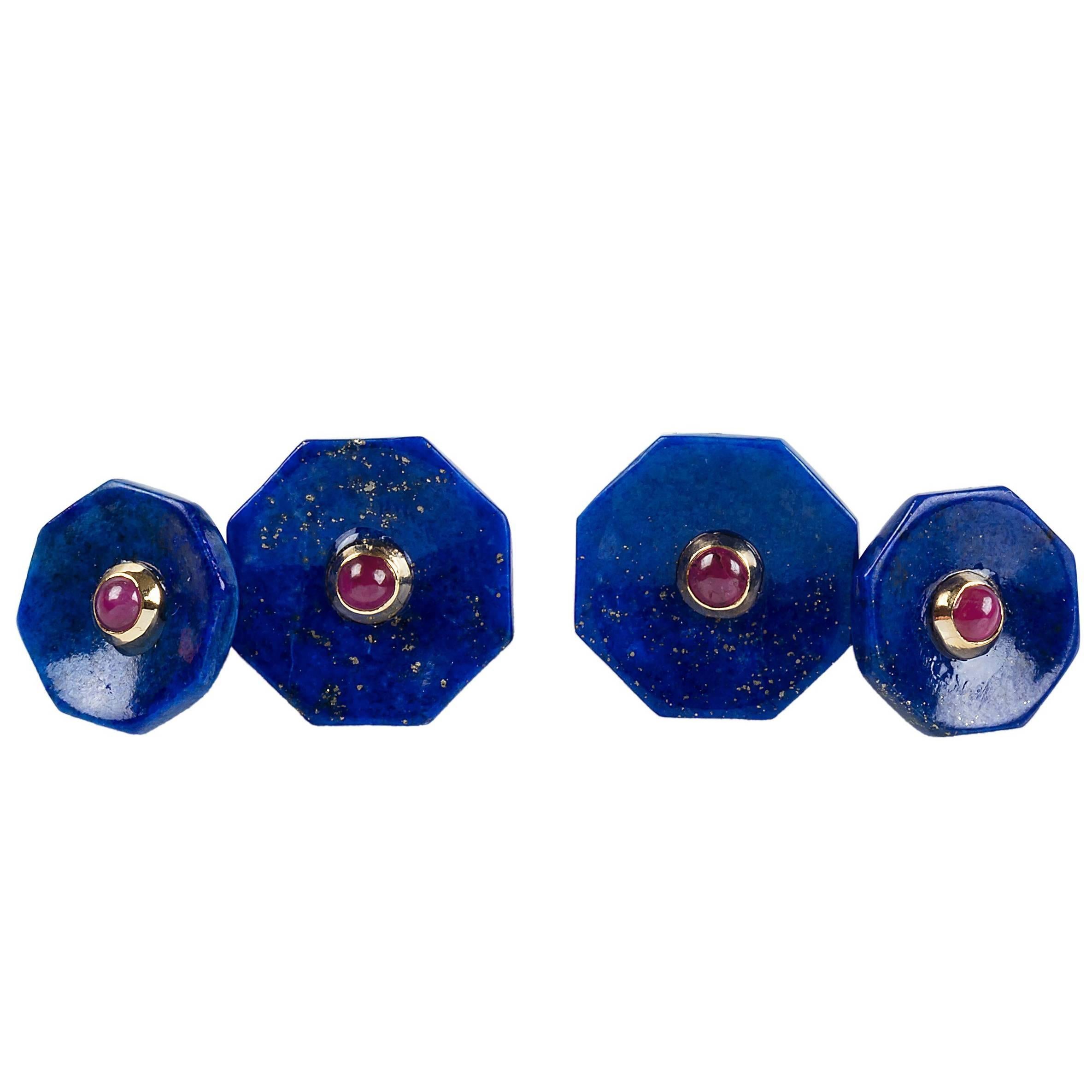 18 Karat Yellow Gold Lapis Lazuli Rubies Carved Octagonal Cufflinks  For Sale