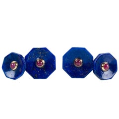 18 Karat Yellow Gold Lapis Lazuli Rubies Carved Octagonal Cufflinks 