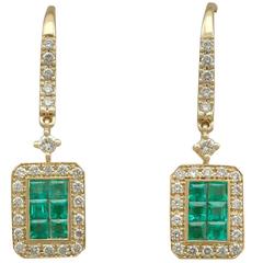 Vintage French 0.58 Carat Emerald 0.60 Carat Diamond 18 Karat Gold Drop Earrings