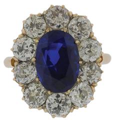 AGL 4.41 Carat Natural No Heat Antique Burma Sapphire Diamond Gold Ring