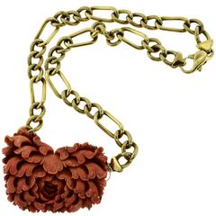 Genuine Natural Red Coral Large Pendant Flower on Yellow Gold Figaro Chain