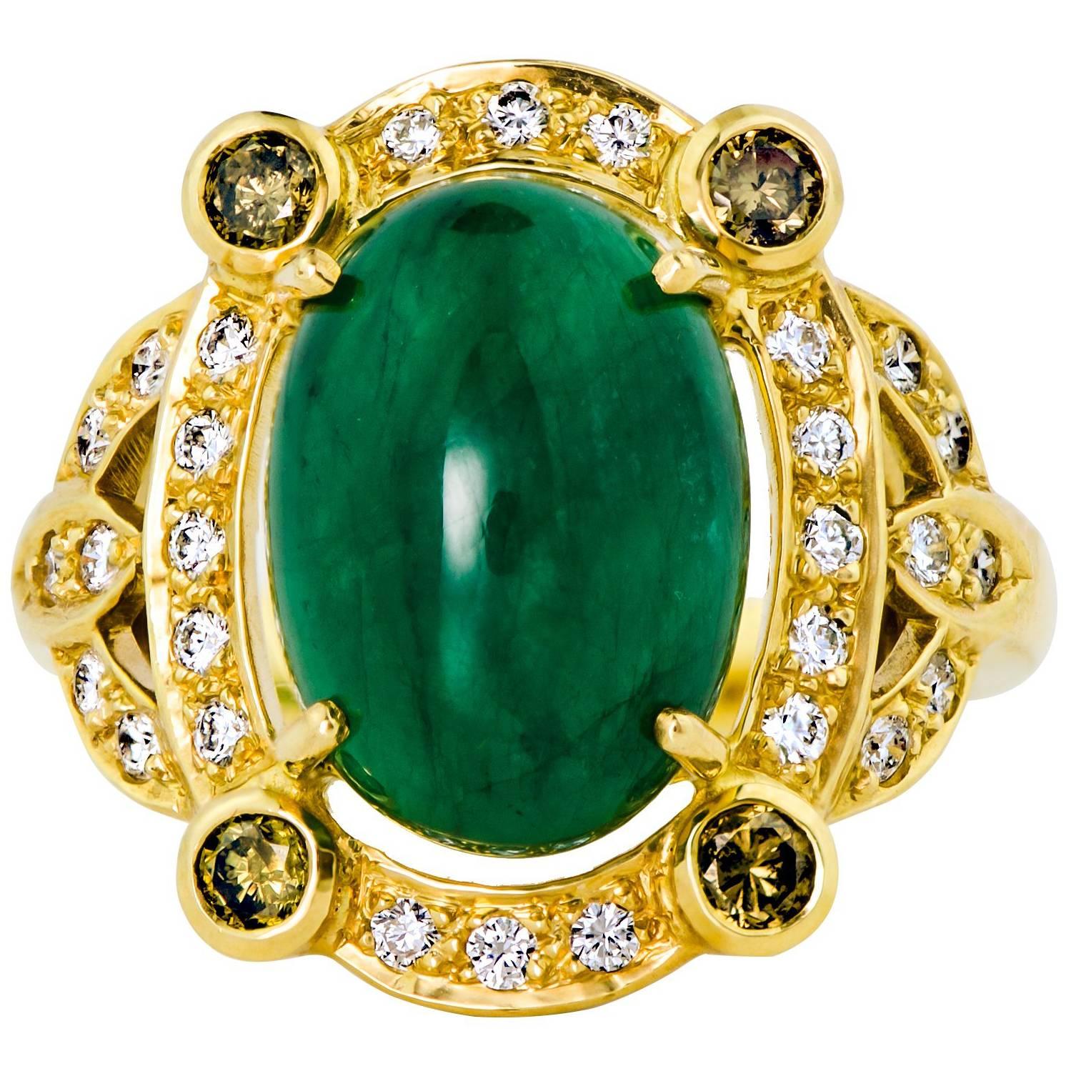 Barry Brinker Emerald Diamond Colored Diamond Yellow Gold Ring