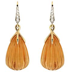 Carved Citrine Diamond Yellow Gold Drop Earrings 8