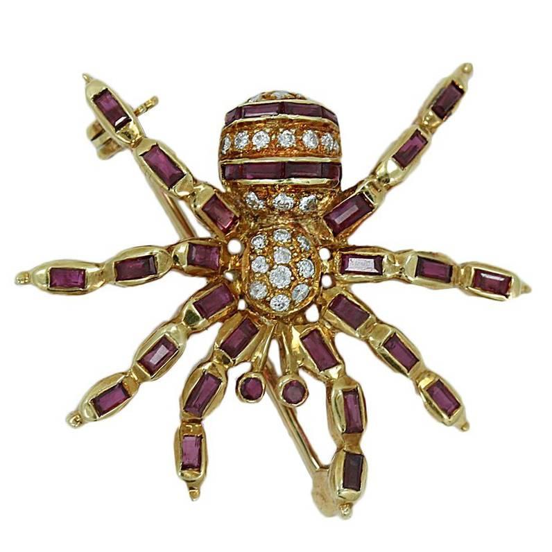 Ruby Diamond Yellow Gold Spider Pin For Sale