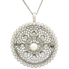 1900s Antique Italian 1.38 Carat Diamond Seed Pearl Platinum Pendant Brooch 12