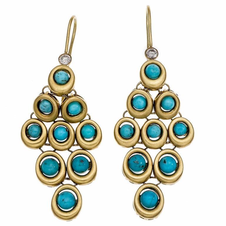 Natural Turquoise Diamond Gold Dangle Earrings at 1stDibs