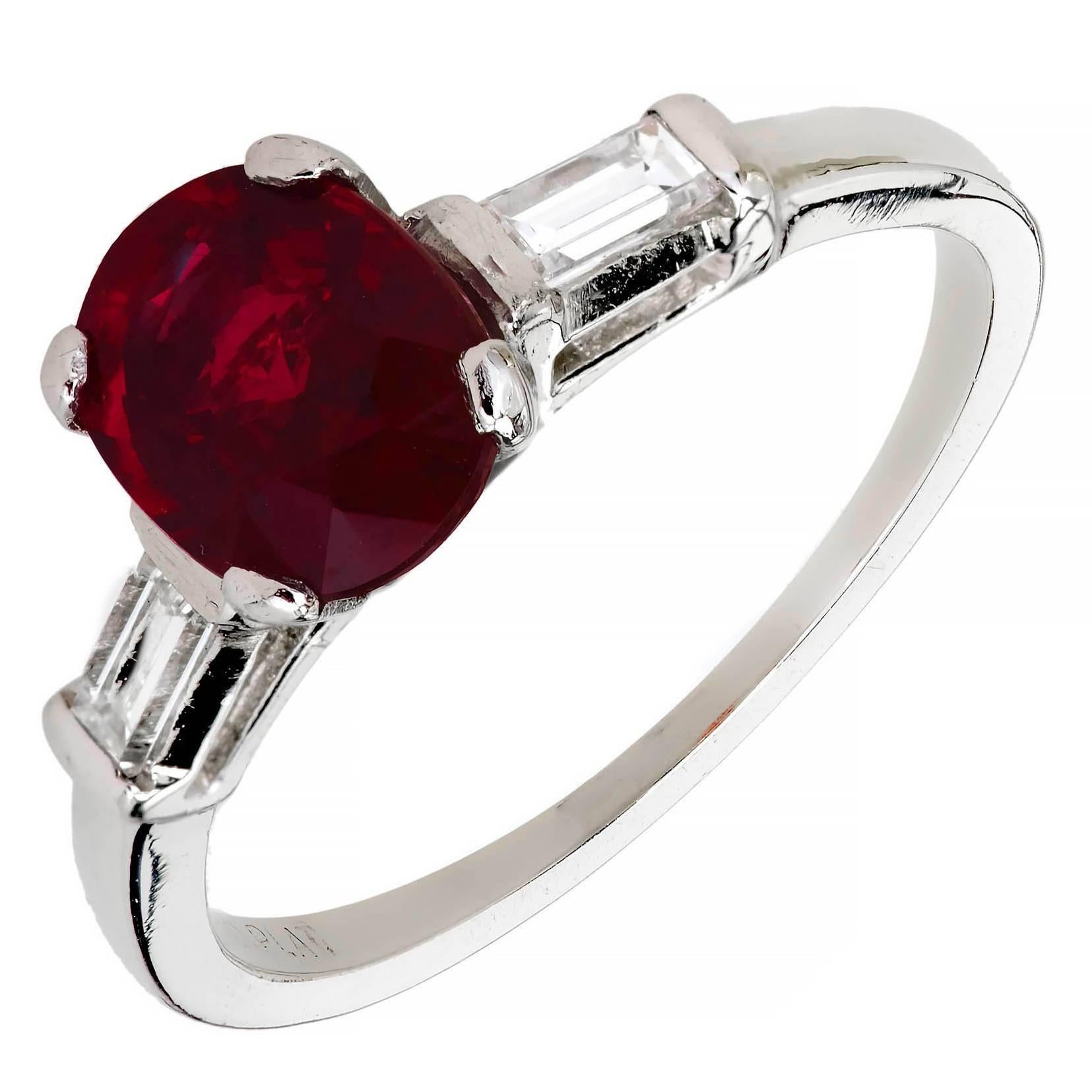 Mid-Century 1.63 Carat Ruby Diamond Three-Stone Platinum Engagement Ring