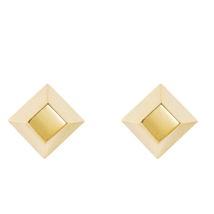 Geometric 18 Karat Yellow Gold Pyramid Stud Earrings For Sale