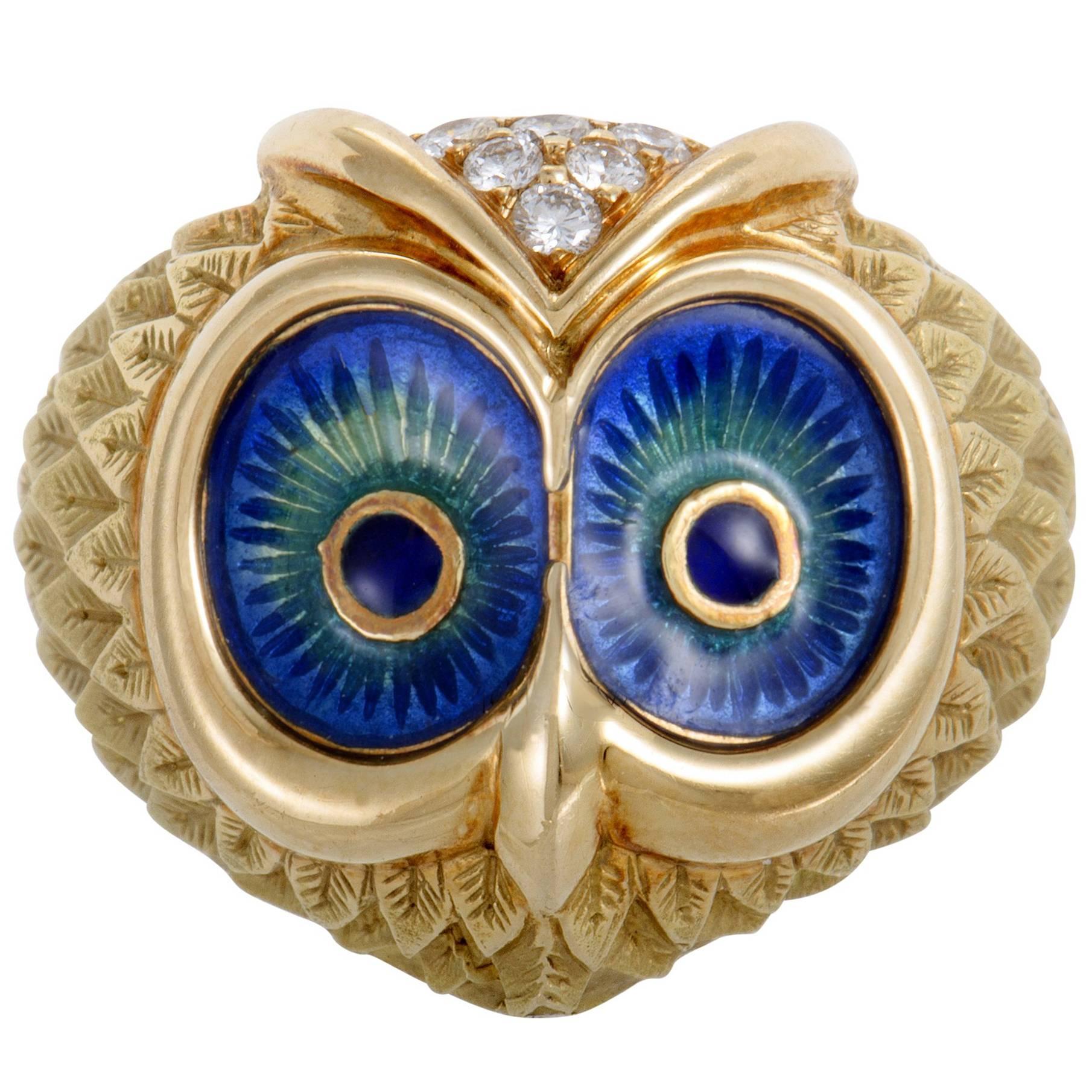 Diamond and Enameled Yellow Gold Owl Ring