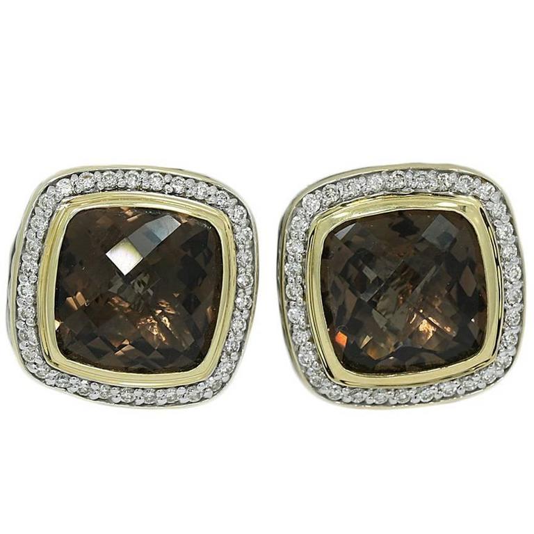 David Yurman Smokey Quartz Diamond Silver Yellow Gold Earrings at 1stDibs