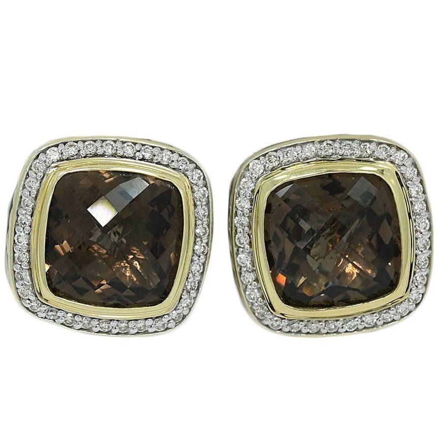 David Yurman Smokey Quartz Diamond Silver Yellow Gold Earrings 