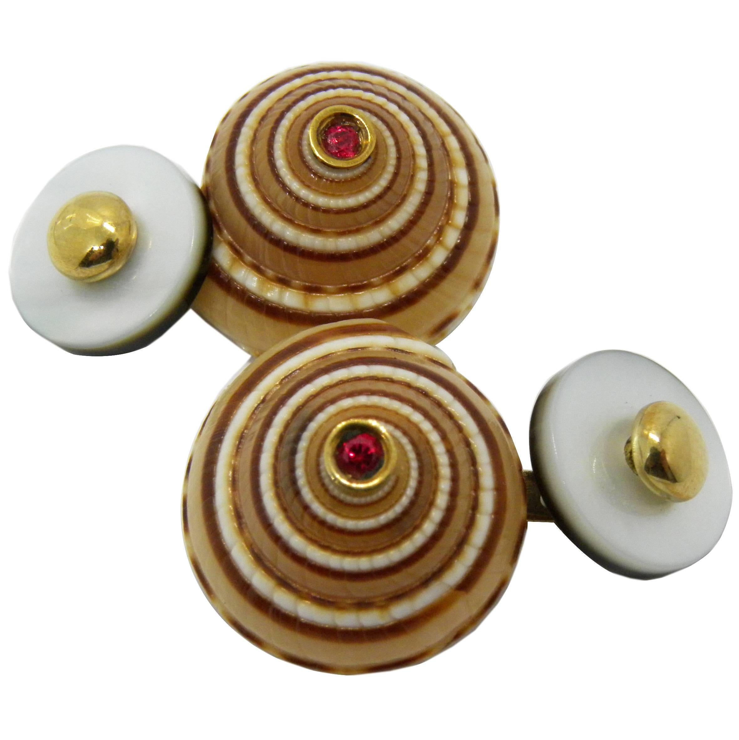 Architectonica Jutea Seashell Spinel White Grey Mother-of-Pearl Gold Cufflinks
