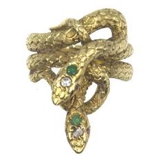 Yellow Gold Double Snake Ring with Diamond and Emerald Accents