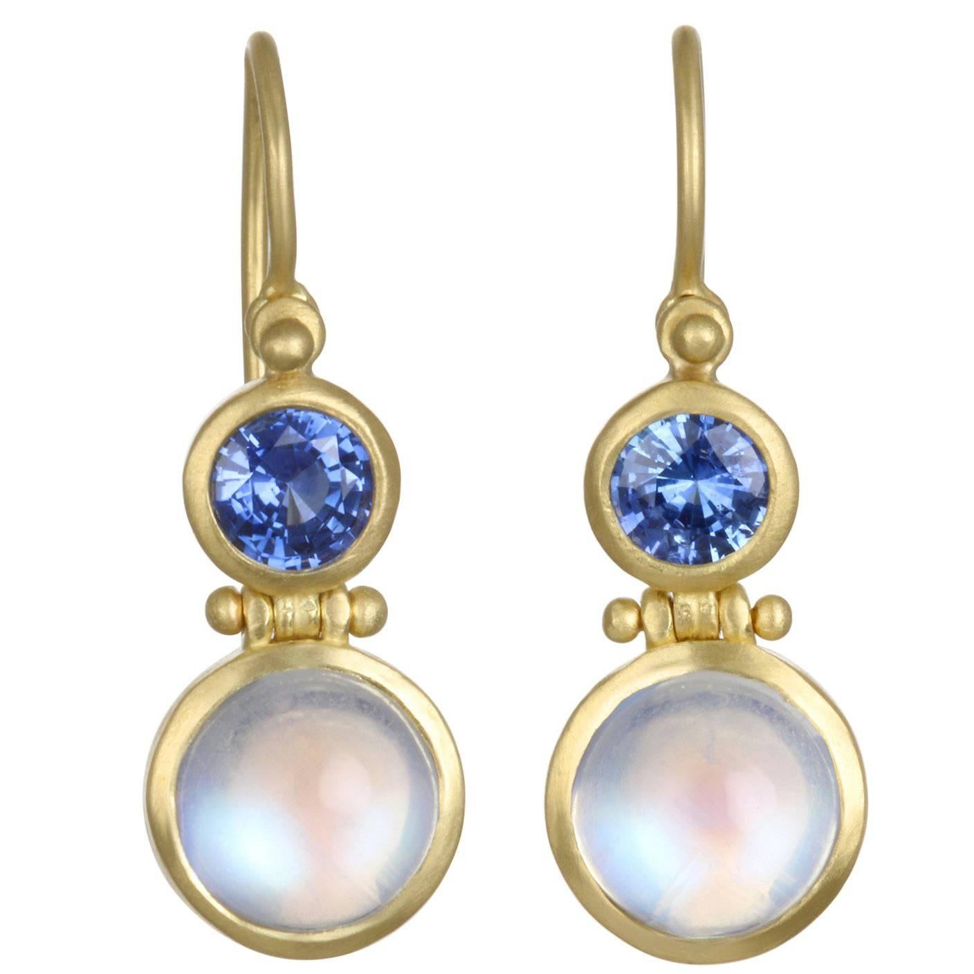 Faye Kim Moonstone Blue Sapphire Gold Double Hinge Earrings