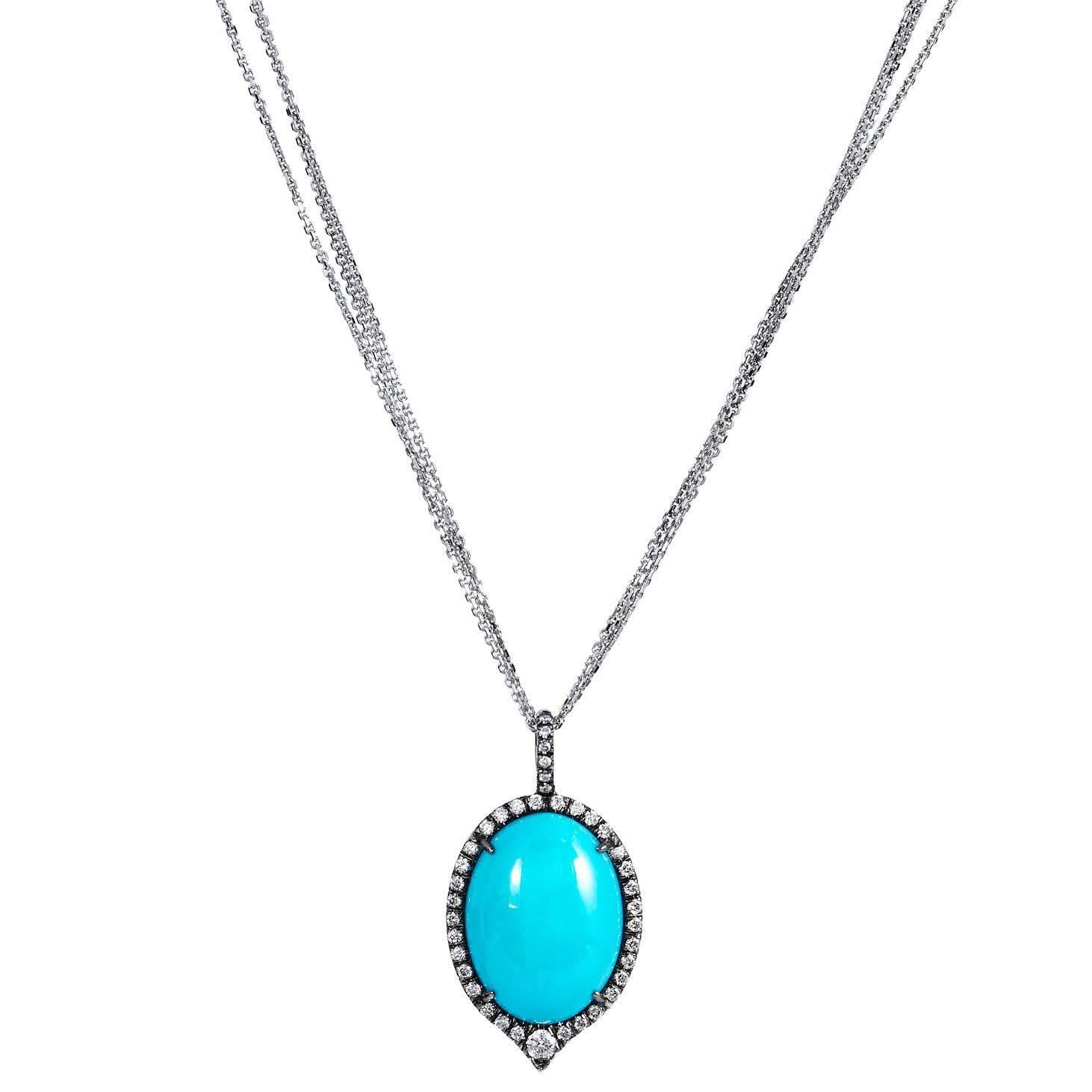 H&H Handmade Turquoise White Gold Diamond Pendant Necklace For Sale