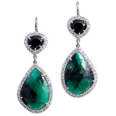 H & H 12.16 Carat Emerald Slice Diamond Pave White Gold Earrings