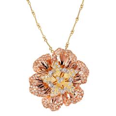 Stambolian Pink and Yellow Gold Diamond Flower Pendant Necklace