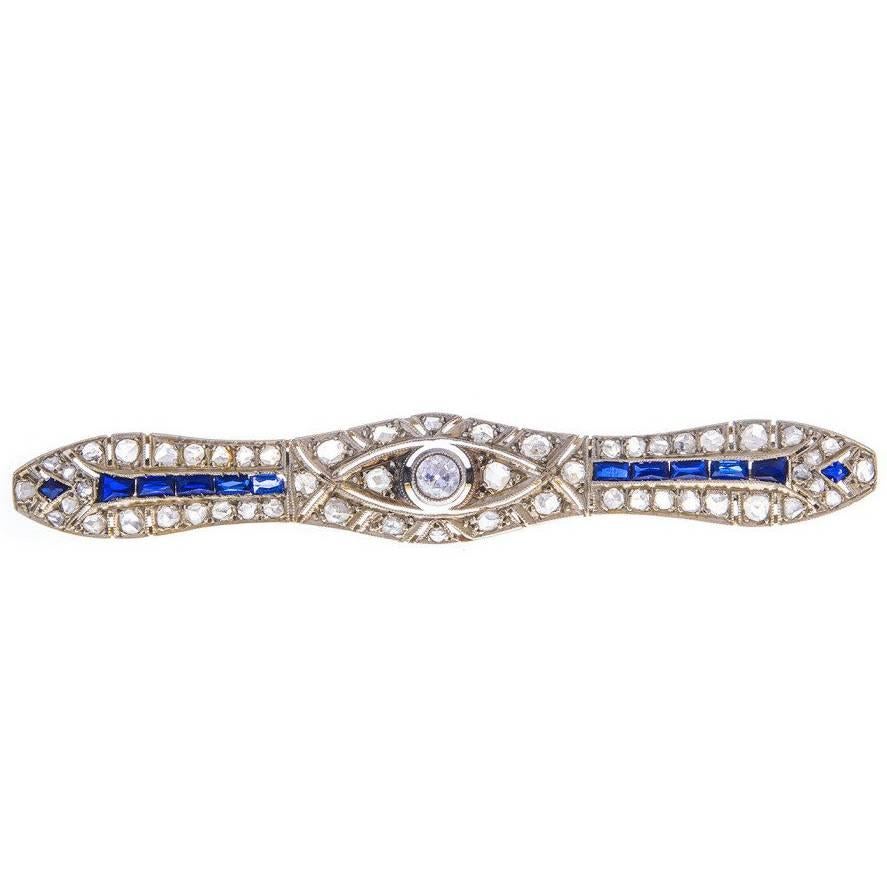 Art Deco Synthetic Sapphire Diamond White Gold Brooch For Sale
