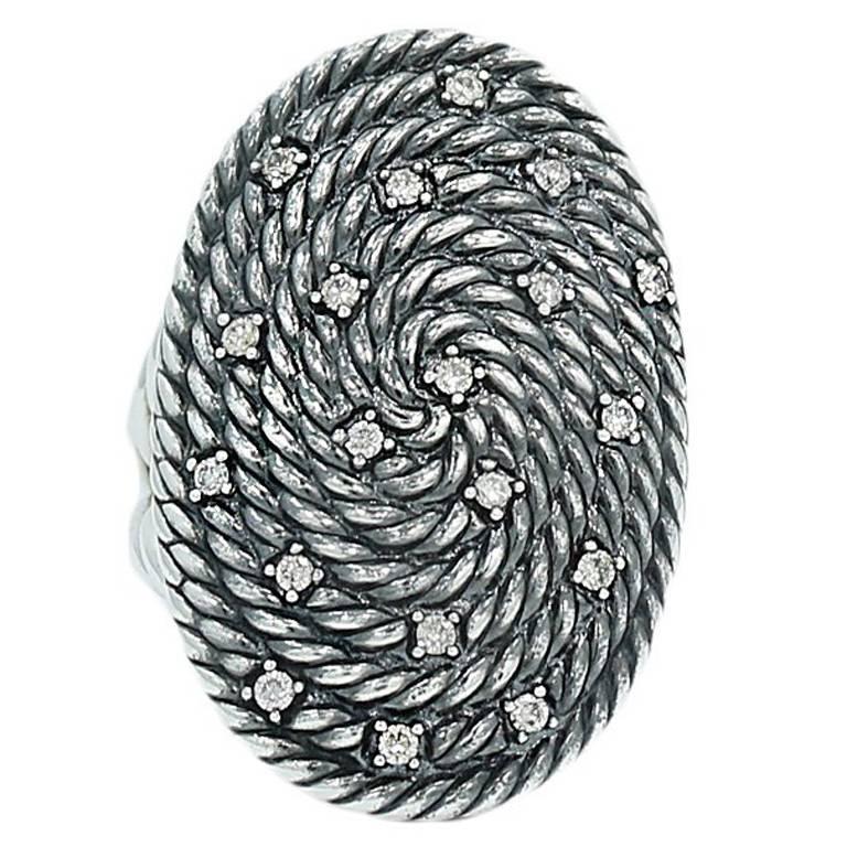 David Yurman Diamond Sterling Silver Cable Coil Ring For Sale