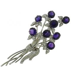 1950s Amethyst Diamond Platinum Bouquet Brooch Pin 3