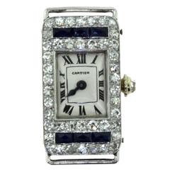 Rare Cartier Art Deco Ladies Rectangle Diamond Sapphire European Movement Watch
