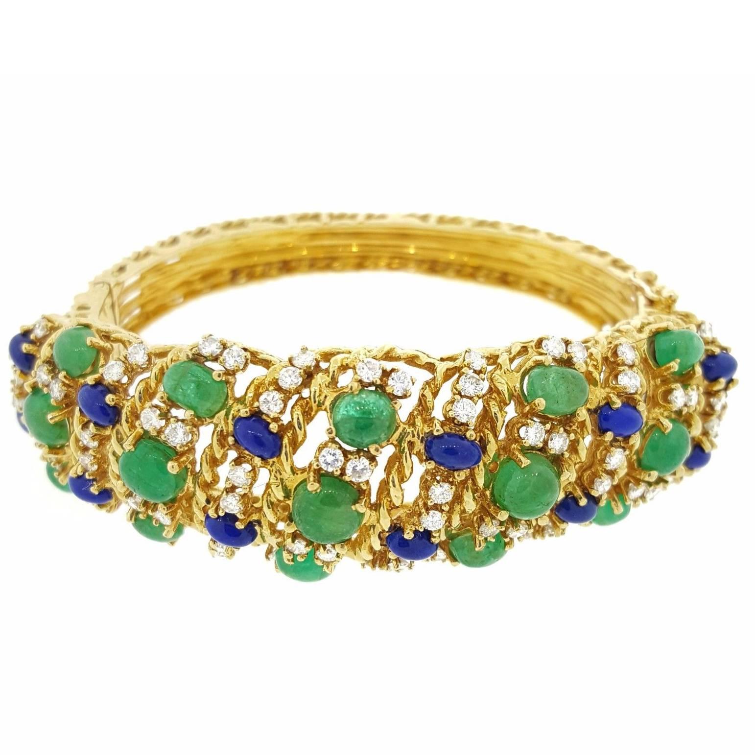 Emerald Lapis Diamond Yellow Gold Wide Bangle Bracelet For Sale