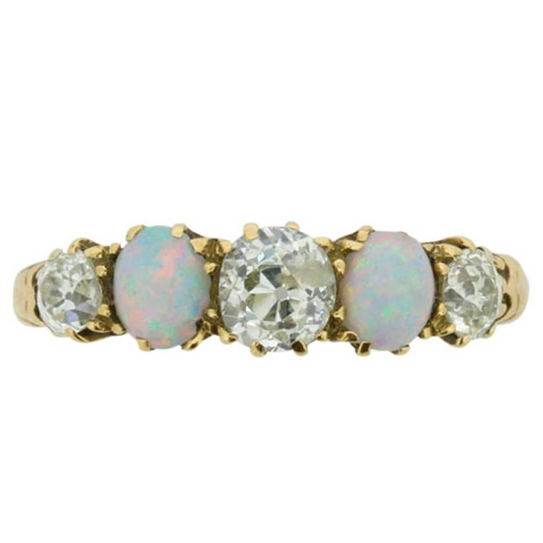 Antique Five-Stone Old Cut Diamond and Opal Ring, circa 1910s