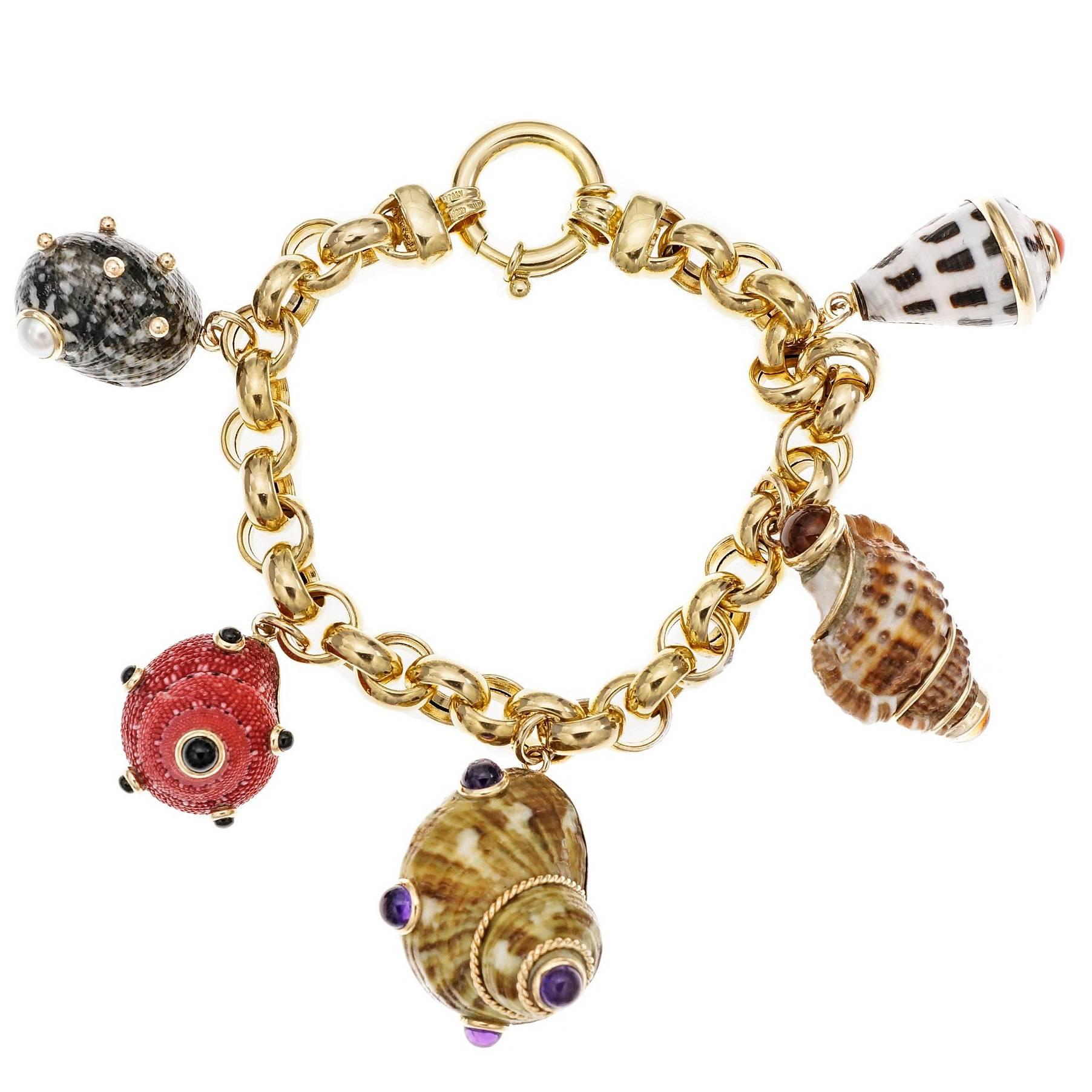 MAZ Amethyst Citrine Pearl Coral Onyx Sea Shell Gold Charm Bracelet