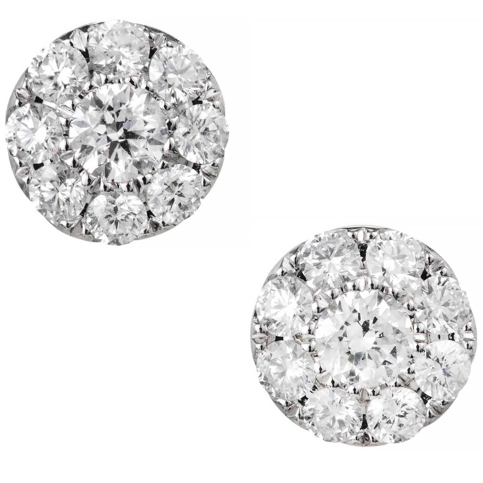 1.23 Carat Round Diamond Gold Cluster Stud Earrings