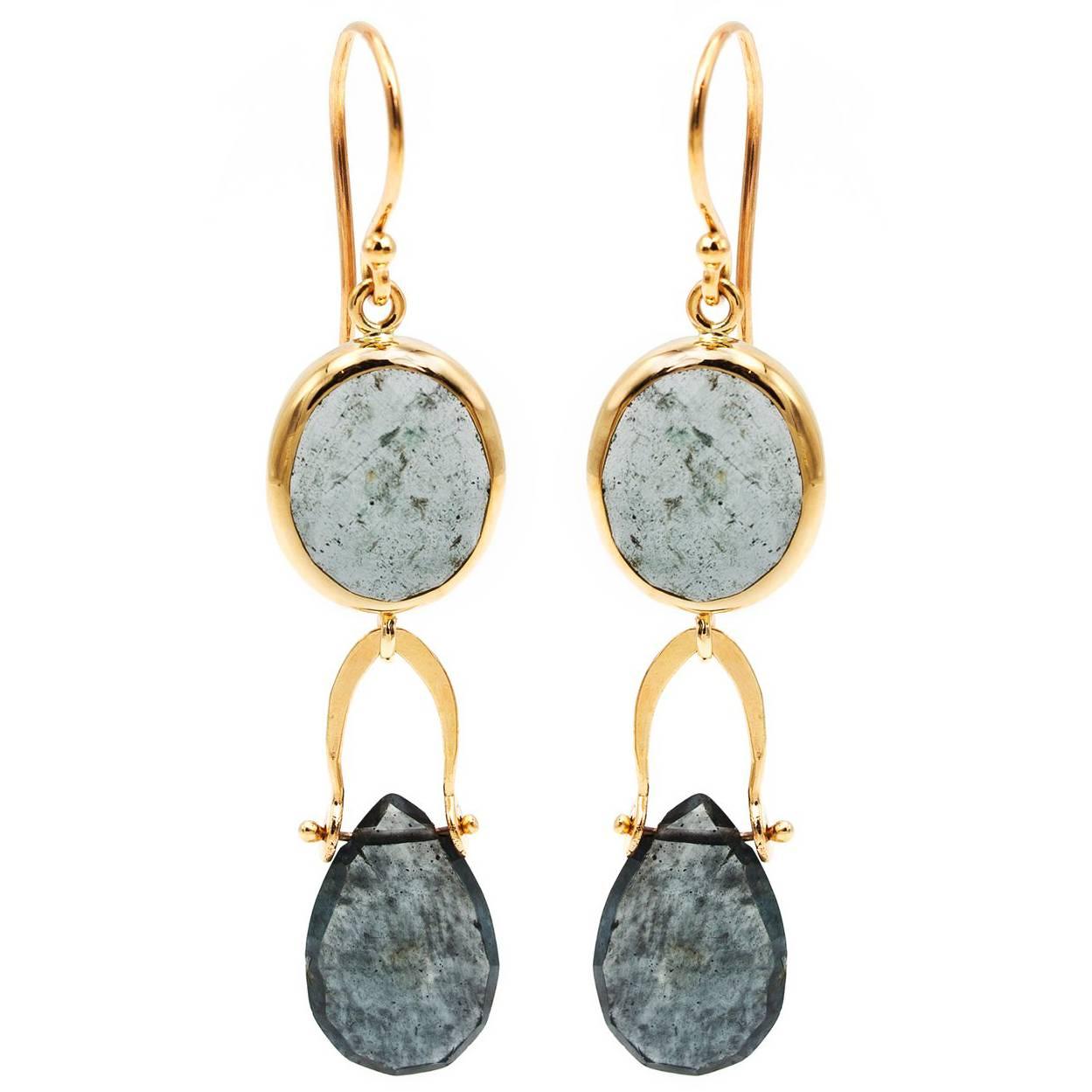 Moss Aquamarine Yellow Gold Drop Earrings For Sale