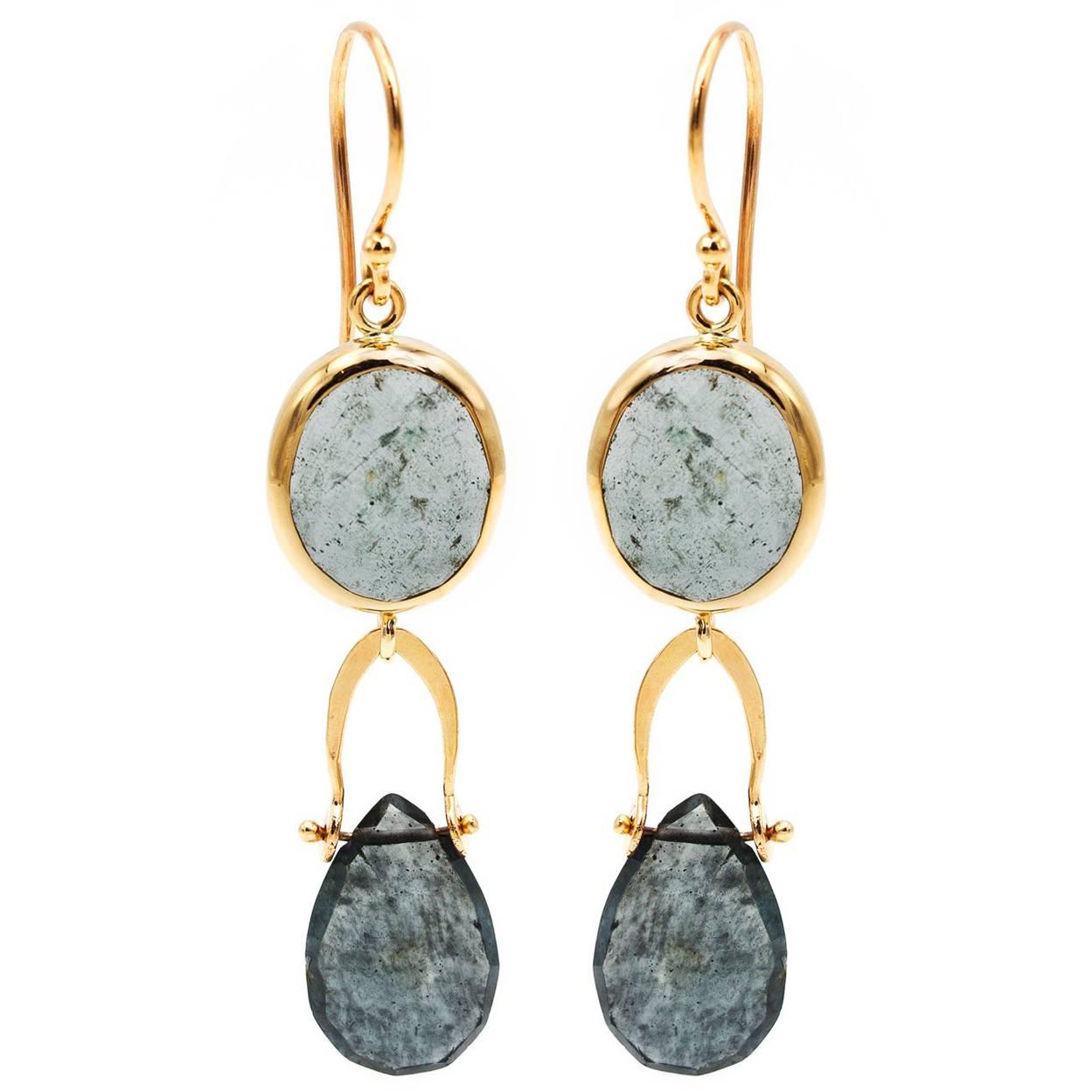 Moss Aquamarine Yellow Gold Drop Earrings