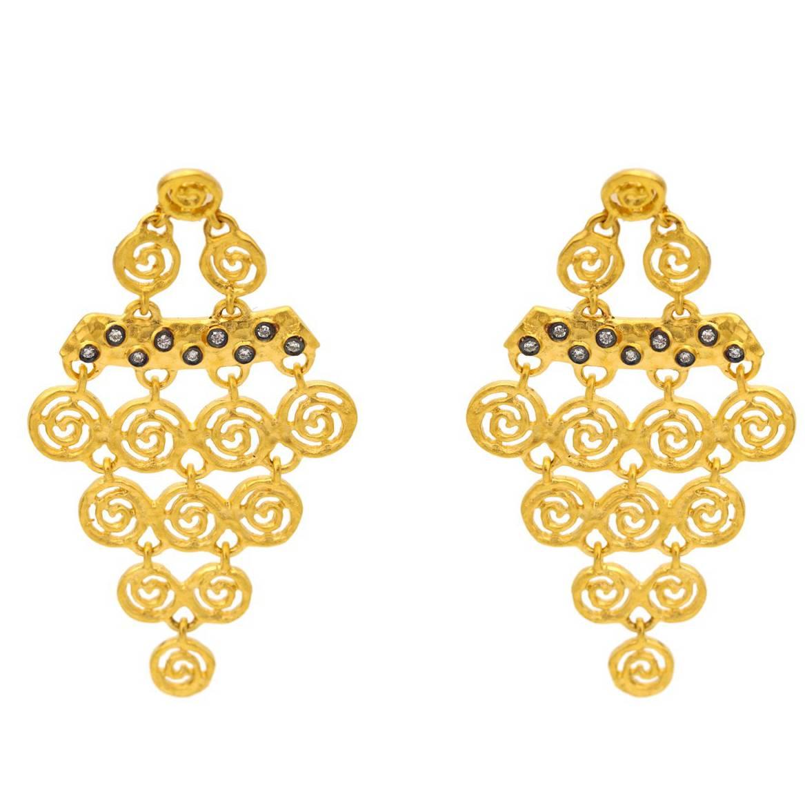 Gold Vermiel Spiral and Diamond Earrings with Post Backs